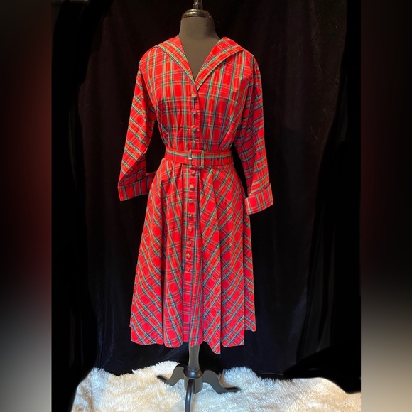 Unique Vintage Dresses & Skirts - MOVING SALE-UV Red Plaid Dolman 3/4 Sleeve Swing Dress, XL